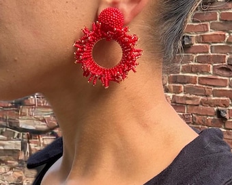 Mini Red Round Fringe Beaded Earrings Circle Tassel Drop Post Earrings For Festival Bright Red Large Hoop Push Back Earrings Boho Earrings