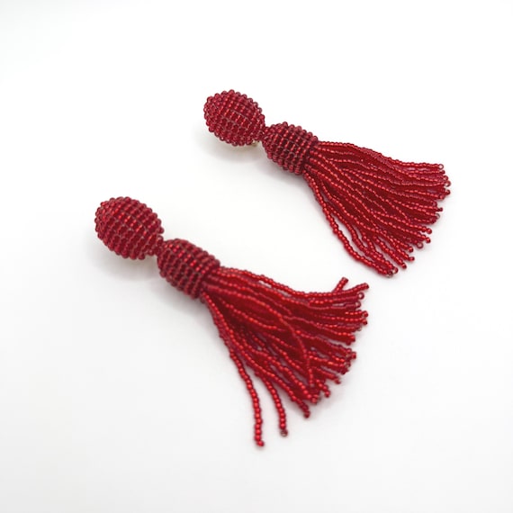 Red Beaded Oscar De La Renta Style Clip on Earrings Red  display picture 2