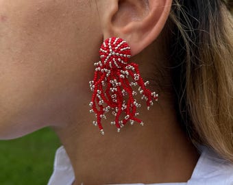 Red Silver Beaded Earrings Seaweed Post Earrings Bold Beaded Frayed Earring Tassel Earrings Bright Statement Earrings For Festival Brunch