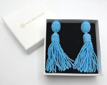 Sky Blue Oscar De La Renta Style Beaded Earrings Light Blue Embellished Tassel Long Earrings For Party Tropical Statement Fringe Earrings