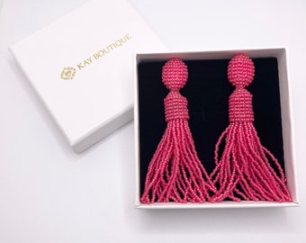 Pink Oscar de la Renta Style Tassel Stud Dangle Earrings Magenta Fringe Beaded Long Elegant Statement Linear Earrings For Special Occasion