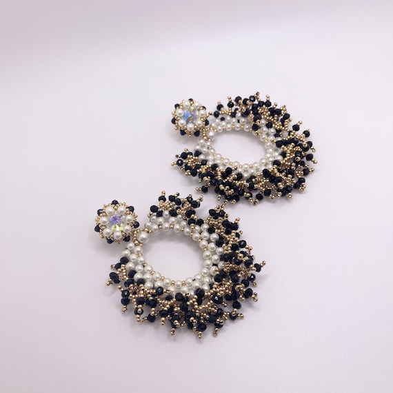 Vintage Medusa Black Pearl Clip on Earrings Black Onyx Oversized