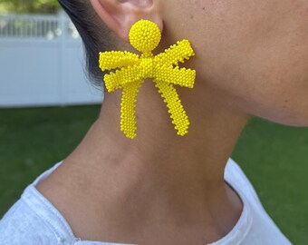 Yellow Bow Post Earrings Ribbon Decor Beaded Dangle Earrings Colorful Statement Unique Party Coquette Drop Glam Earring Maximalist Aesthetic