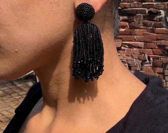 Black Tassel Glam Earrings Beaded Long Earring For Evening Events Bold Romantic Goth Earrings For Formal Black Waterfall Earrings On Studs