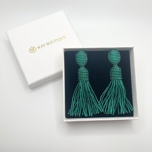 Emerald Green Beaded Tassel Oscar De La Renta Style Embroidered Drop Clip On Earrings Forest Green Earrings