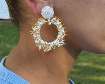 Mini White And Gold Lightweight Post Earrings Thin Round Earrings White Circle Dangle Earrings Bohemian Bride Statement Earrings Beach Hoops