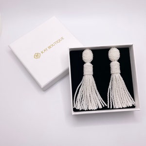White Pearl Seed Beads Oscar De La Renta Style Embroidery Tassel Stud Earrings, White Beaded Fringe Long Drop Earrings Wedding Elegant Gift
