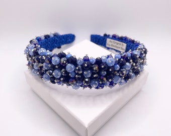 Royal Blue Crystal Jeweled Headband Tiara Embellished Headpiece Vintage Hair Accessories For Wedding Luxury Indigo Hairband With Beads Gift