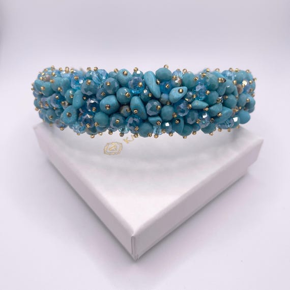 Turquoise Headband With Crystal Beads Jeweled Embroidered  display picture 3
