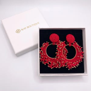 Round Fringe Beaded Push Back Earrings Circle Tassel Drop Earrings For Festival Bright Red Large Hoop Earrings for Party Bohemian Earrings