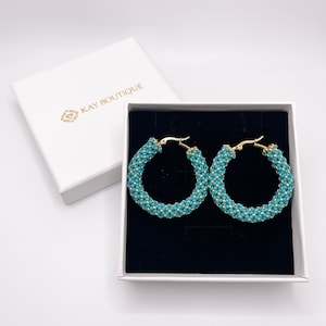 Turquoise Blue Beaded Hoops Earrings Coastal Bohemian Circle Hoop Earrings For Summer Festival Chunky Colorful Fashion Dangle Earrings Gift