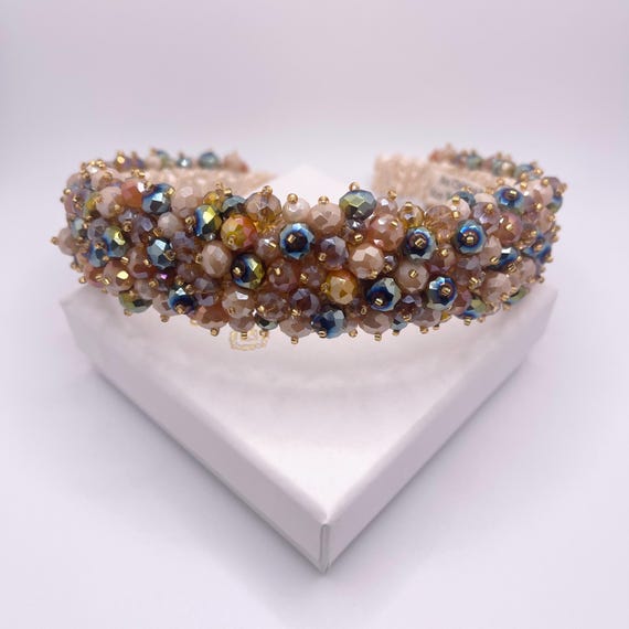 Champagne Beaded Headband Gold Mixed Jeweled Headpiece for  display picture 1