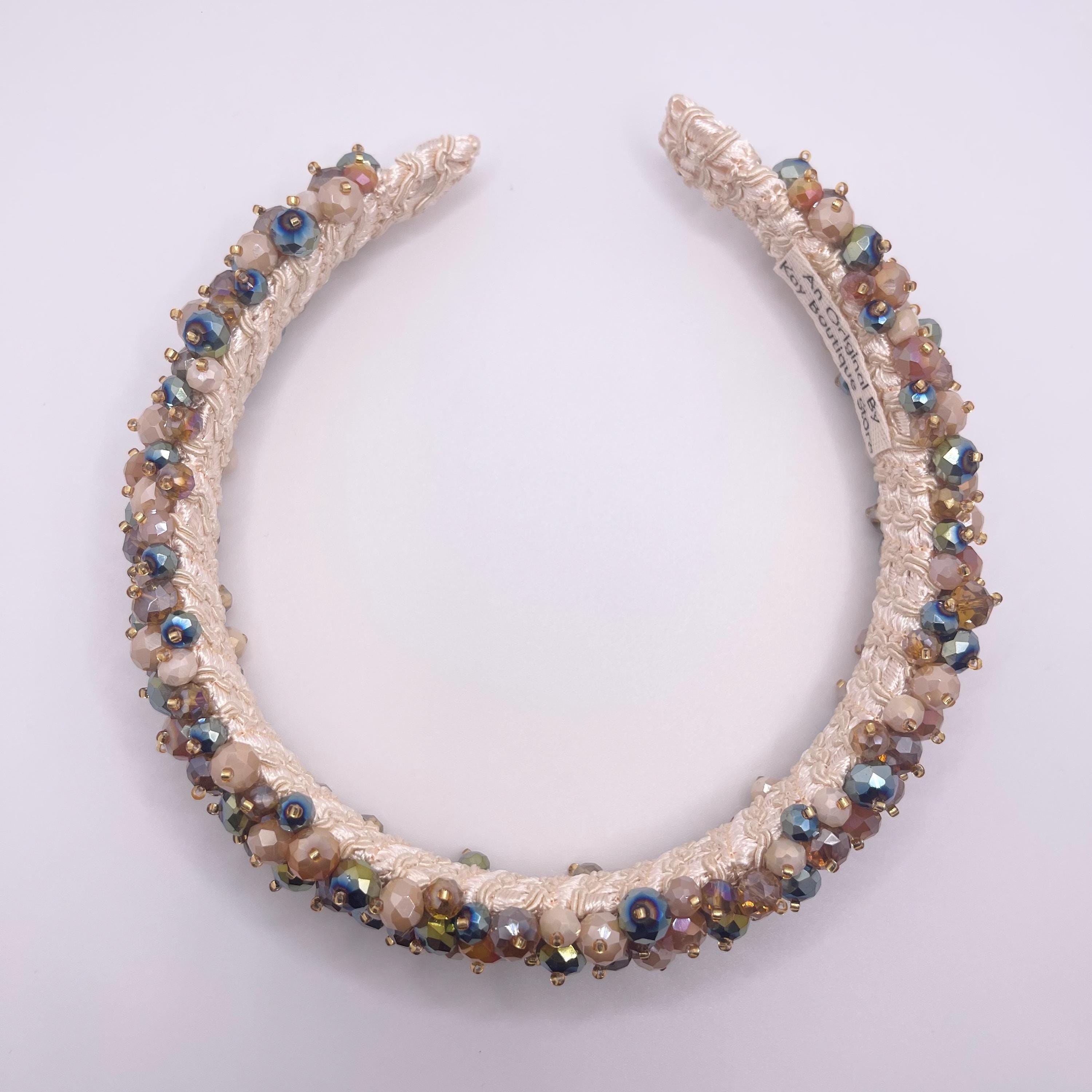 Champagne Beaded Headband Gold Mixed Jeweled Headpiece for  display picture 1