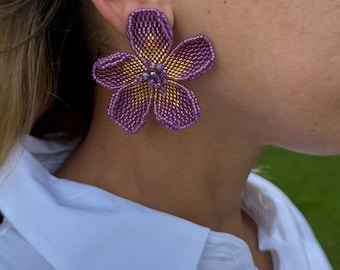 Purple Floral Statement Clip On Earrings For Festival Beaded Daisy Earrings With Bronze Center Lavender Flower Coquette Earring Cottagecore