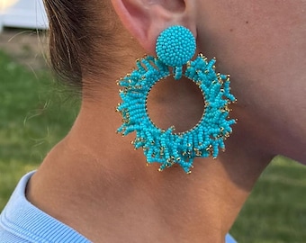 Turquoise Blue Round Fringe Beaded Clip On Earrings Vintage Hoop Tassel Dangle Earring Tropical Disc Colorful Beads Drop Earrings For Resort