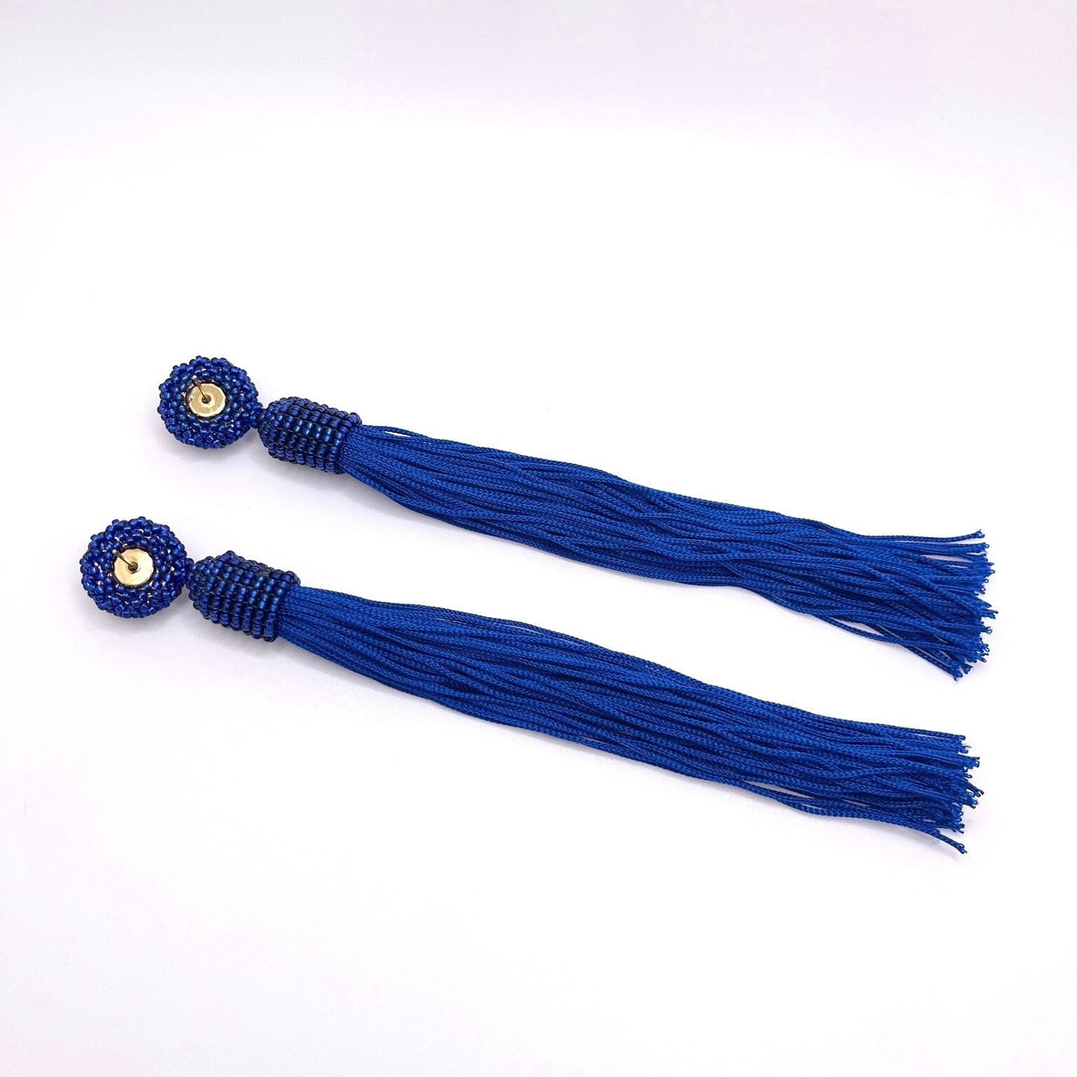 Nylon Tassel Stud Earrings Royal Blue Glass Beads Embroidered Etsy UK