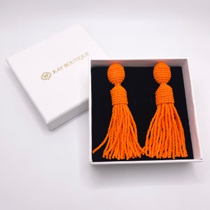 Orange Oscar De La Renta Style Stud Tassel Earrings Bright Long Beaded Fringe Earrings Tangerine Seed Beads Earrings