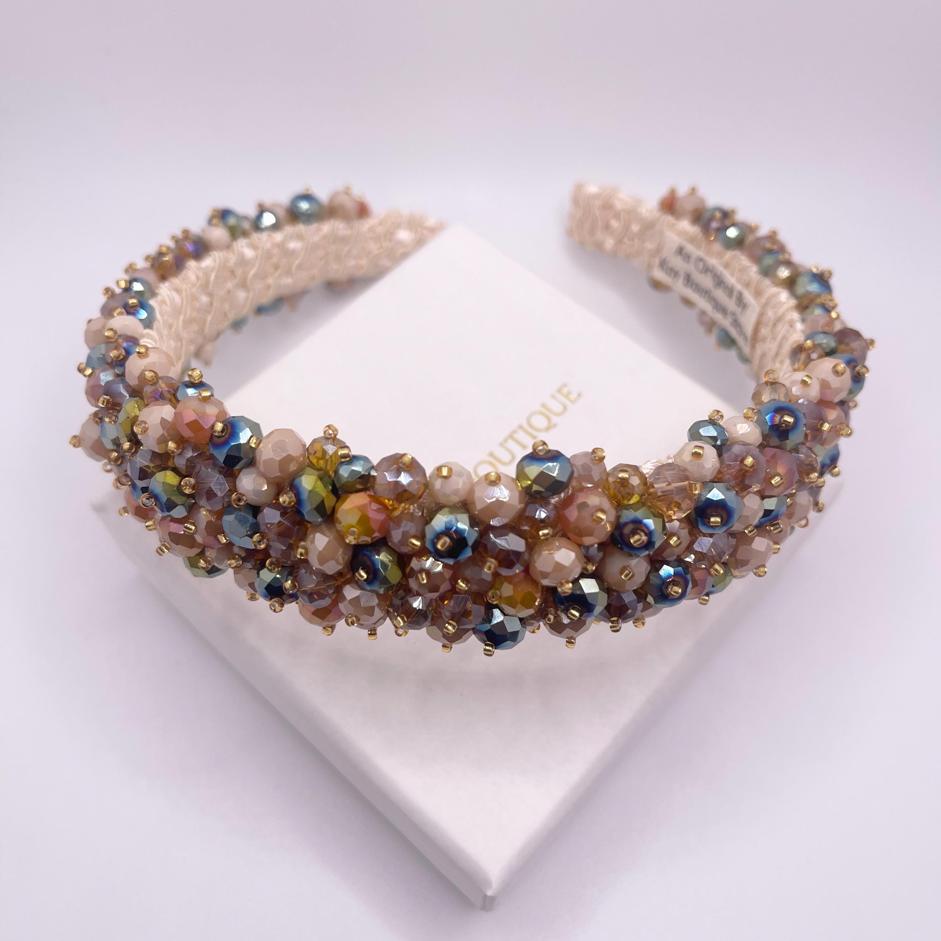 Champagne Beaded Headband Gold Mixed Jeweled Headpiece for  display picture 2