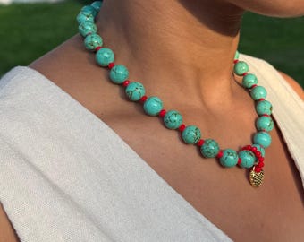 Turquoise Beaded Necklace With Vibrant Red Accent Gold Heart Pendant Necklace Handmade Turquoise Statement Necklace Mediterranean Style Boho