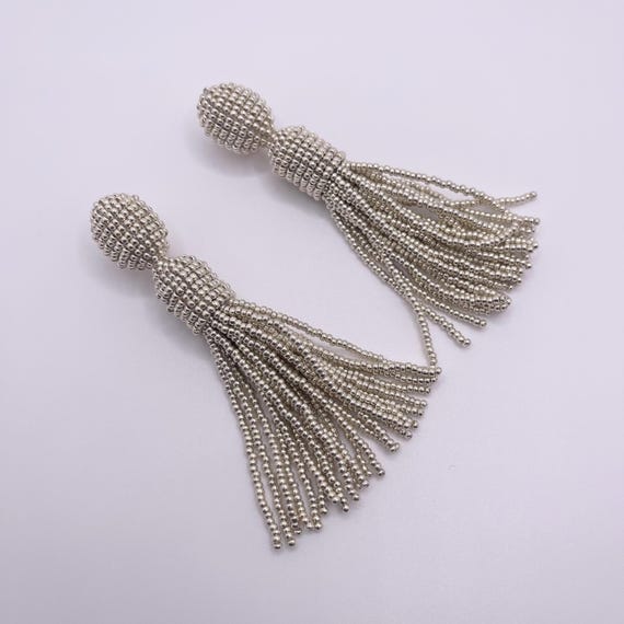 Silver Seed Beads Oscar De La Renta Style Tassel Earrings Metallic