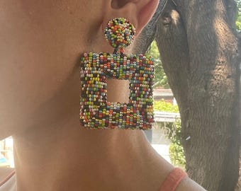 Cruella Multicolor Oversized Earrings Square Beaded Clip On Confetti Festival Geometric Drop Earrings Rainbow Statement Resort Earrings