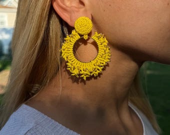 Yellow Round Tassel Earring Oversized Hoop Beaded Fringe Post Earring For Festival Vibrant Circle Hollow Drop Large Earrings Bold Maximalist