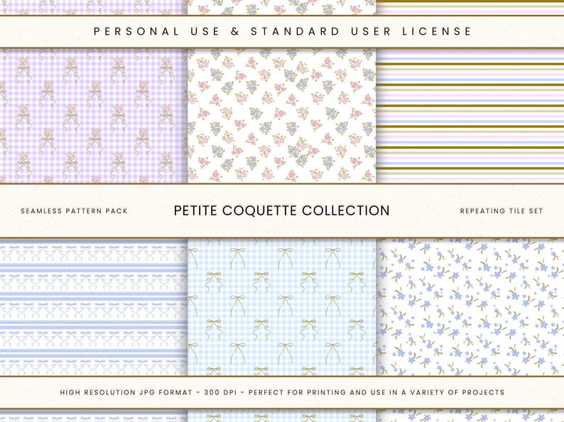 Coquette Floral Pattern Set: Pastel Bows, Fabric Design (digital ...