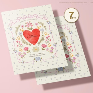 Lot de 7 cartes florales vintage pour la fête des mères, aquarelle personnalisée Coquette, paquet de papeterie personnalisé, cadeau élégant pour maman UE