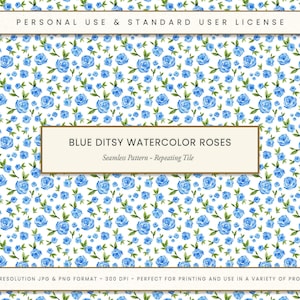 Blue Roses Seamless Pattern, Ditsy Floral Print, Fabric Design, Heirloom Vintage, Botanical Print, Small Flowers Art, DIY Crafts & Gifts