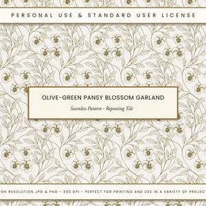 Olive Pansy Blossom Garland Seamless Pattern, Vintage Floral Toile Style, Elegant Line Art Botanical Tile, Classic Digital Fabric Print PNG