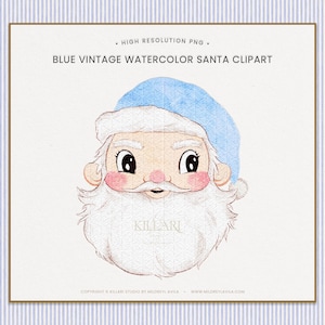 Pintado à mão Azul Vintage Santa Clipart Nostálgico Aquarela Papai Noel PNG Ilustração de Natal Design de Alta Resolução Download Digital