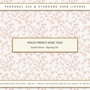 Peach Pink French Rose Toile Seamless Pattern, Vintage Floral Print, Fabric Design, Chinoiserie Style, DIY Crafts & Gifts, Digital Download