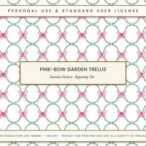 Pode incluir: Um padrão sem costura com um design repetitivo de laços rosa em uma treliça verde. O padrão está sobre um fundo branco. O texto "PINK-BOW GARDEN TRELLIS" e "Seamless Pattern - Repeating Tile" está incluído na imagem.