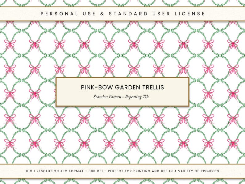 Pink Bow Garden Trellis Seamless Pattern: Watercolor Fabric Print (JPG ...