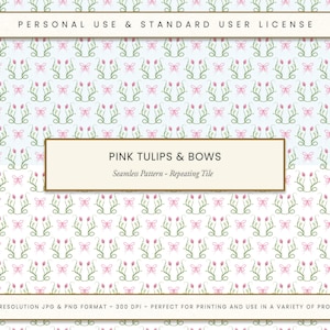 May include: A seamless pattern featuring pink tulips and bows on a light blue background. The pattern is perfect for repeating as a tile.