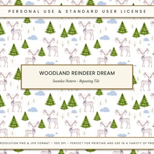Wald Rentier Traum Nahtlose Muster Handgemalt Aquarell Weihnachtsbaum Design Digitales Papier Stoff Basteln Sublimation PNG JPG