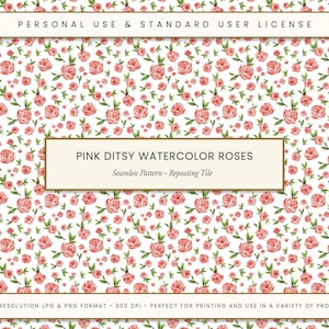 Padrão de rosas cor-de-rosa sem emendas: estampa floral em aquarela (download digital em JPG e PNG)