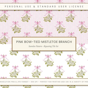 Rosa Fliege gebunden Mistelzweig Nahtlose Muster-Set Handgemaltes Aquarell Weihnachtsdesign Stoffdruck Digitales Papier DIY Handwerk PNG JPG