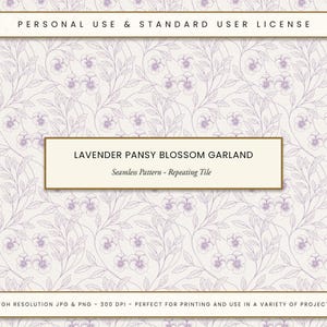 Lilac Pansy Blossom Garland Seamless Pattern, Vintage Floral Toile Style, Elegant Line Art Botanical Tile, Classic Digital Fabric Print PNG