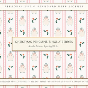 Weihnachten Pinguine & Holly Beeren Nahtlose Muster Handgezeichnet Preppy Winter Urlaub Design Stoff Druck Digitales Papier DIY Handwerk PNG JPG