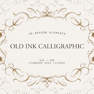 Könnte beinhalten: Ein Bild mit cremefarbenem Hintergrund zeigt einen ovalen Rahmen mit braunen dekorativen Elementen. Der Text "10 DESIGN ELEMENTS" und "OLD INK CALLIGRAPHIC" sind innerhalb des Rahmens zu sehen. Darunter steht "SVG / PNG STANDARD USER LICENSE".