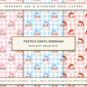 Pastell Weihnachtsmann Gingham Nahtlose Muster-Set Handgemalte Aquarell Vintage Santa Preppy Weihnachten Design Stoff Druck Digitales Papier DIY Handwerk