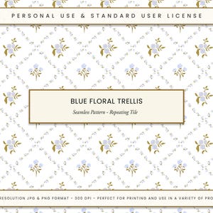 Blaues Blumengitter-nahtloses Muster-handgemaltes Weinlese-Design Scrapbooking Sublimation Digital Papier Stoff Tapete DIY Handwerk JPG PNG