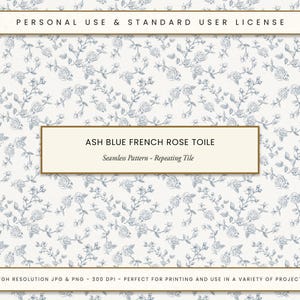 Ash Blue French Rose Toile Seamless Pattern, Vintage Floral Print, Fabric Design, Chinoiserie Style, DIY Crafts & Gifts, Digital Download