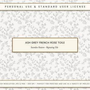 Ash Gray French Rose Toile Seamless Pattern, Vintage Floral Print, Fabric Design, Chinoiserie Style, DIY Crafts & Gifts, Digital Download