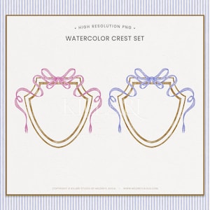 Watercolor Pink & Blue Ribbon Crest Clipart Hand-Painted Vintage Frames Elegant Wedding Baby Shower Digital Art High Resolution Clip Art PNG