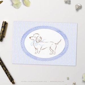 Postal estándar de Coquette Teckel, linda impresión artística de perro salchicha, delicada ilustración de acuarela, papelería vintage de cachorro, regalo considerado