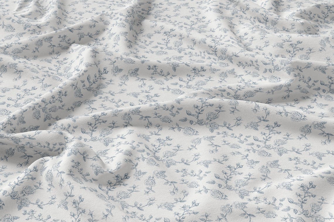 Ash Blue French Rose Toile Seamless Pattern: Vintage Floral Print ...