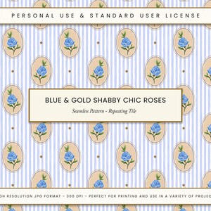 Blue Roses Seamless Pattern, Shabby Chic Style, Floral Fabric Design, Vintage Flowers Print, Elegant Stripes Print, DIY Crafts & Gifts
