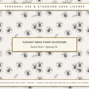 Elegant Inked Pansy Blossoms Seamless Pattern, Hand Drawn Vintage Floral, Toile Style Botanical Tile, Black and White Digital Fabric PNG
